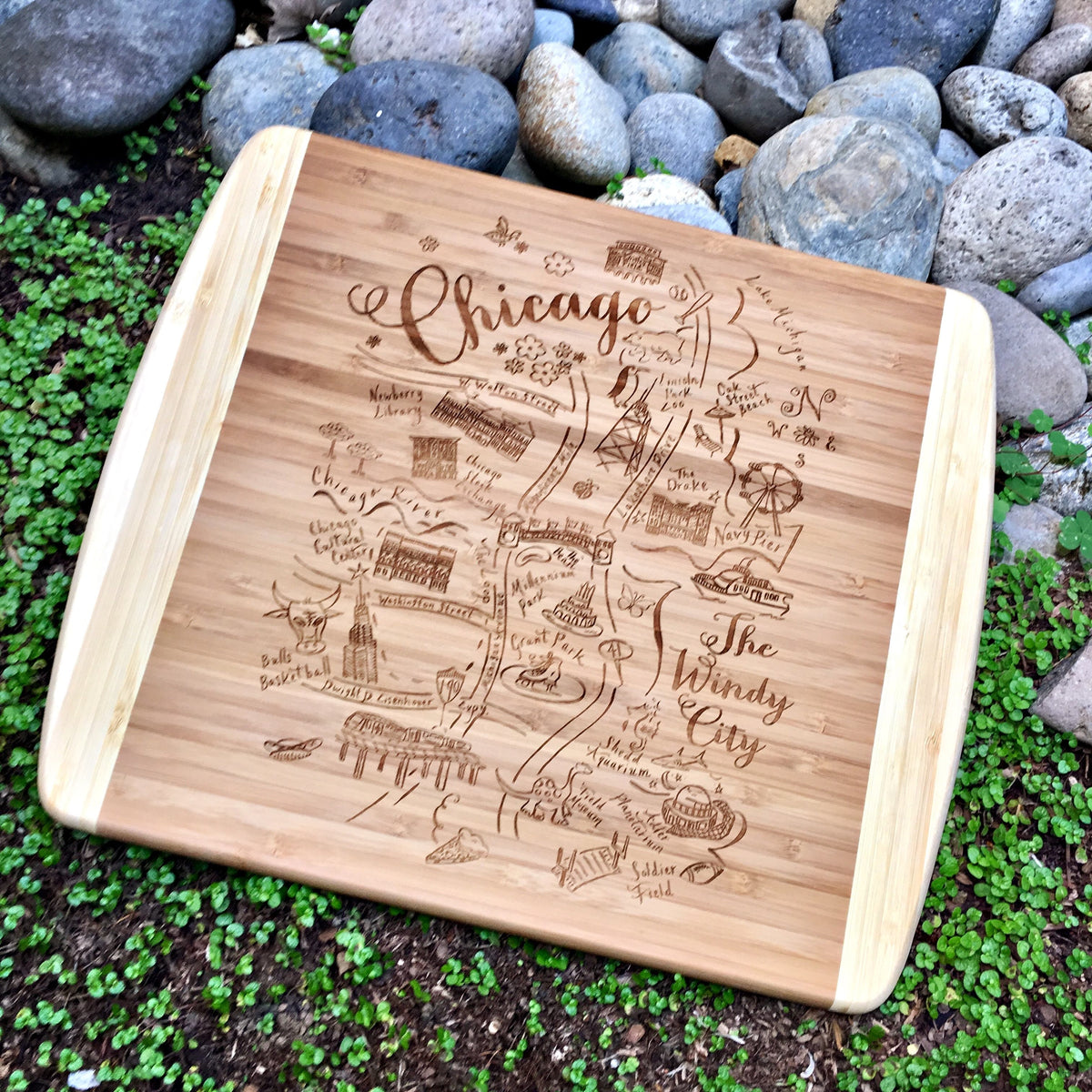 Chicago Summer Map Large Bamboo Cutting Board Gooseberry Designs