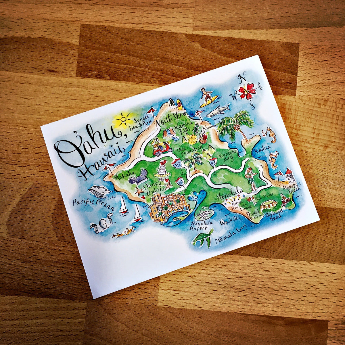 Oahu, Hawaii Map Full Color Note Card – Gooseberry Designs